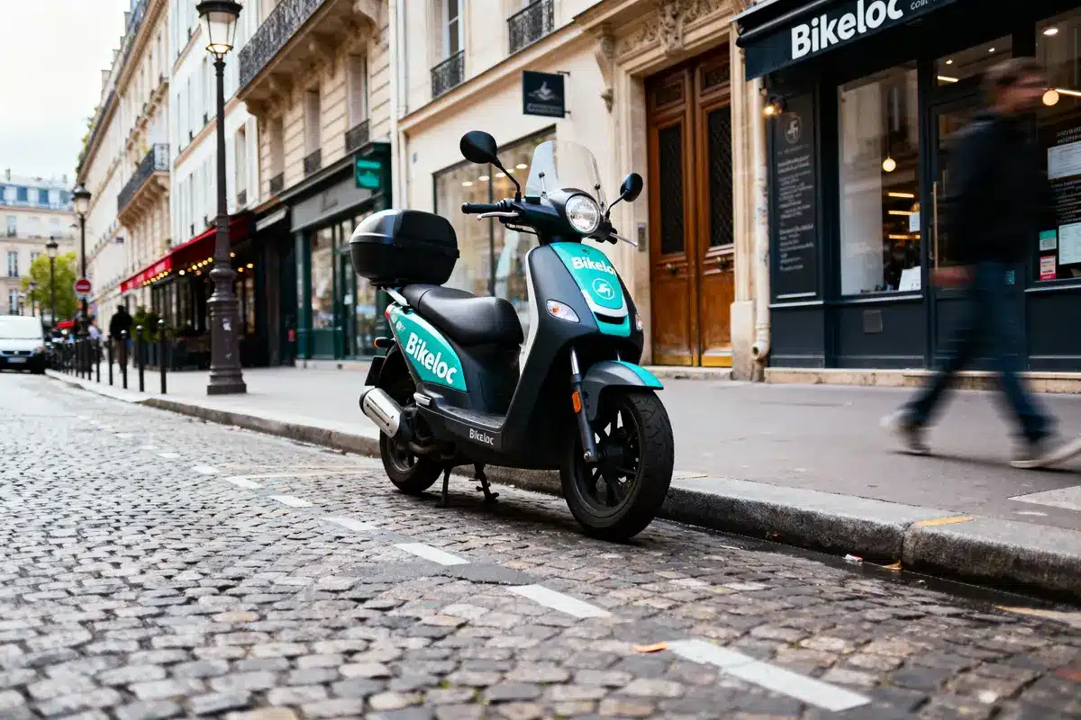 Scooter Bikeloc stationné sur une rue pavée devant une boutique à Paris, passant piéton flou.