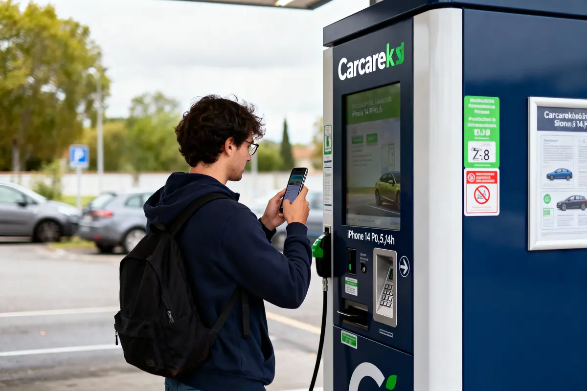 Homme utilisant smartphone devant une borne de recharge électrique, portant un sac à dos, stationnement en arrière-plan.