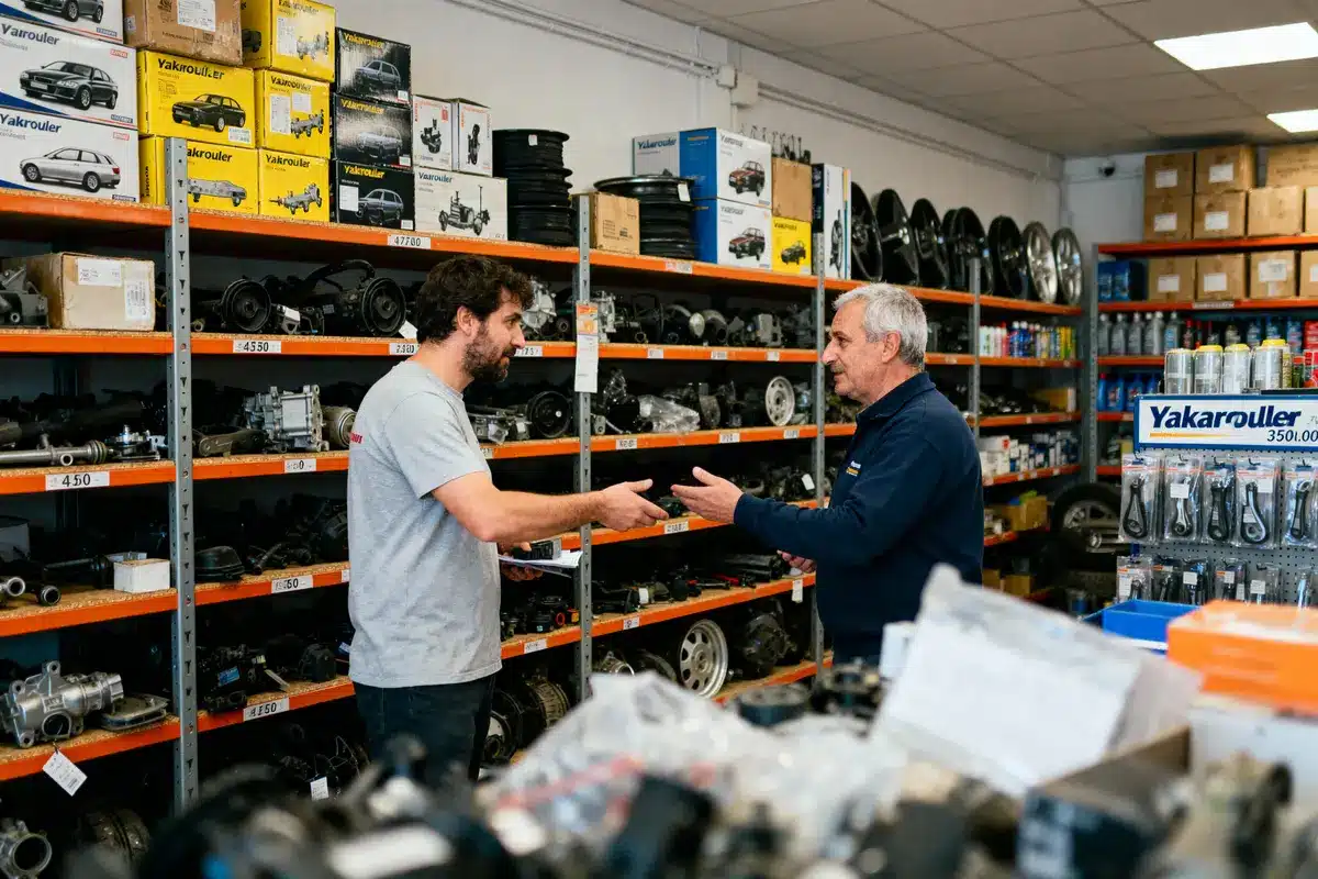 Deux hommes discutent dans un magasin de pièces automobiles, entourés d'étagères remplies de boîtes et pièces.