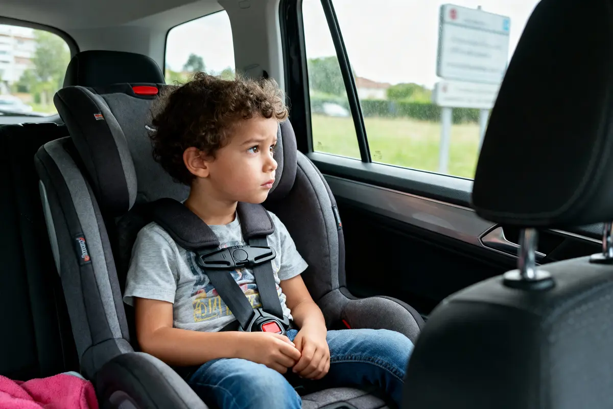 Enfant assis dans un siège auto, regardant pensivement par la fenêtre d'une voiture en mouvement.