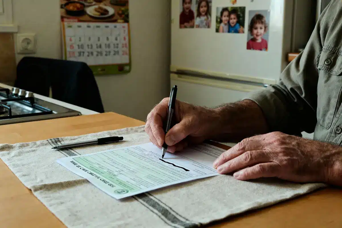 Personne remplissant un formulaire sur une table, stylo à la main, photos d'enfants en arrière-plan.