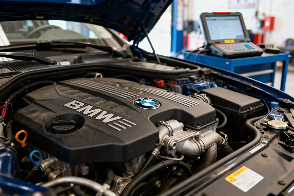 Moteur de voiture BMW dans un atelier avec un ordinateur de diagnostic en arrière-plan.