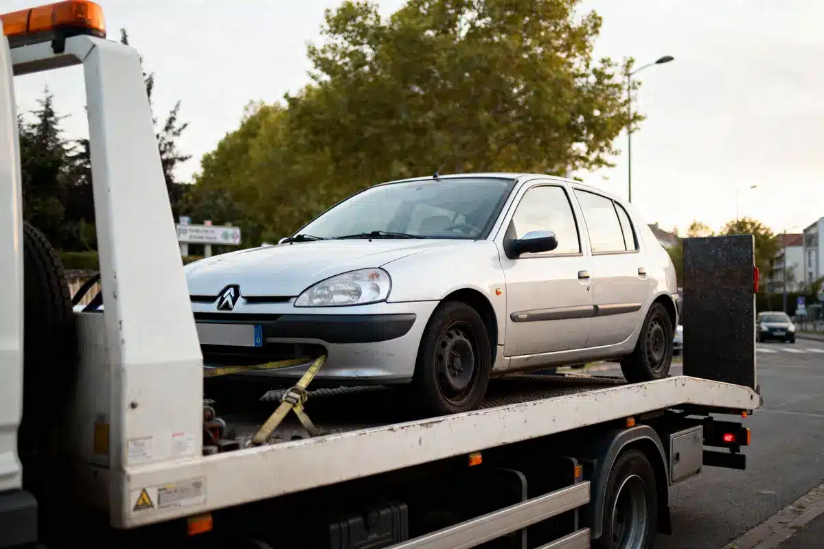 Voiture grise sur plateforme de remorquage, en plein air, attachée avec sangles de sécurité.