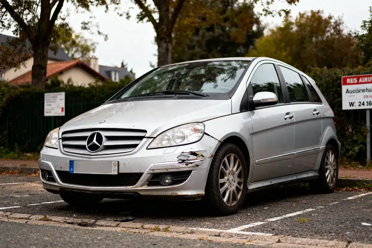 Voiture argentée Mercedes avec pare-chocs avant endommagé, garée sur un parking extérieur, arbres en arrière-plan.