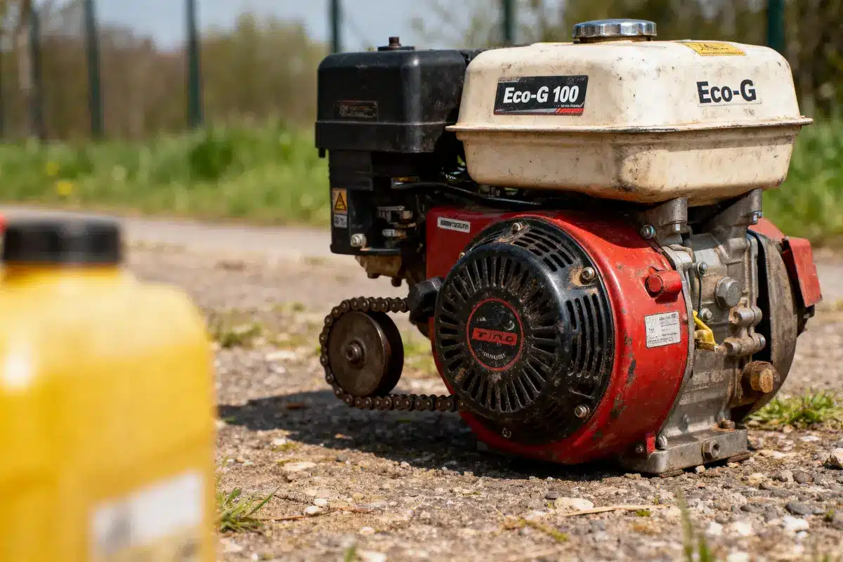 Moteur Eco-G 100 rouge et blanc, posé sur sol gravillonné, fond flouté avec herbe verte et ciel.