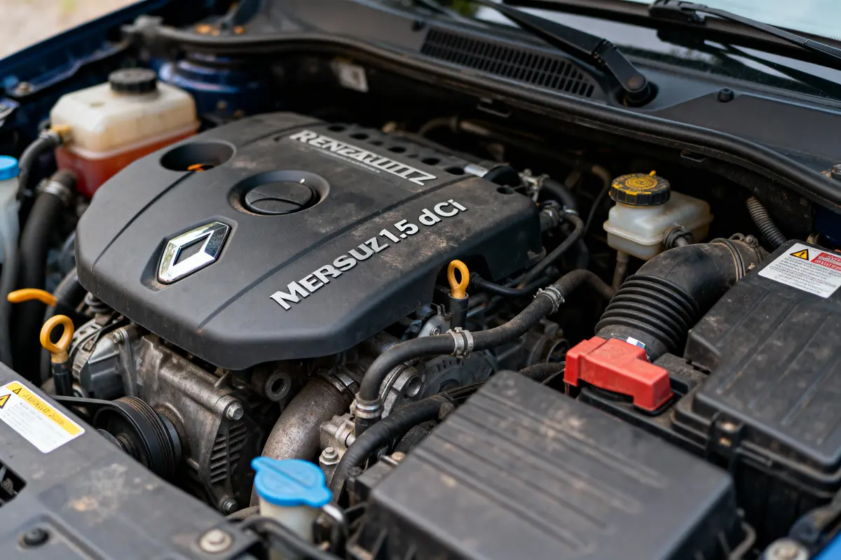 pexels-michal-pech-213601-757318 (1) Moteur Renault Mersuz 1.5 dCi, capot ouvert, réservoirs et câblage visibles dans le compartiment moteur.