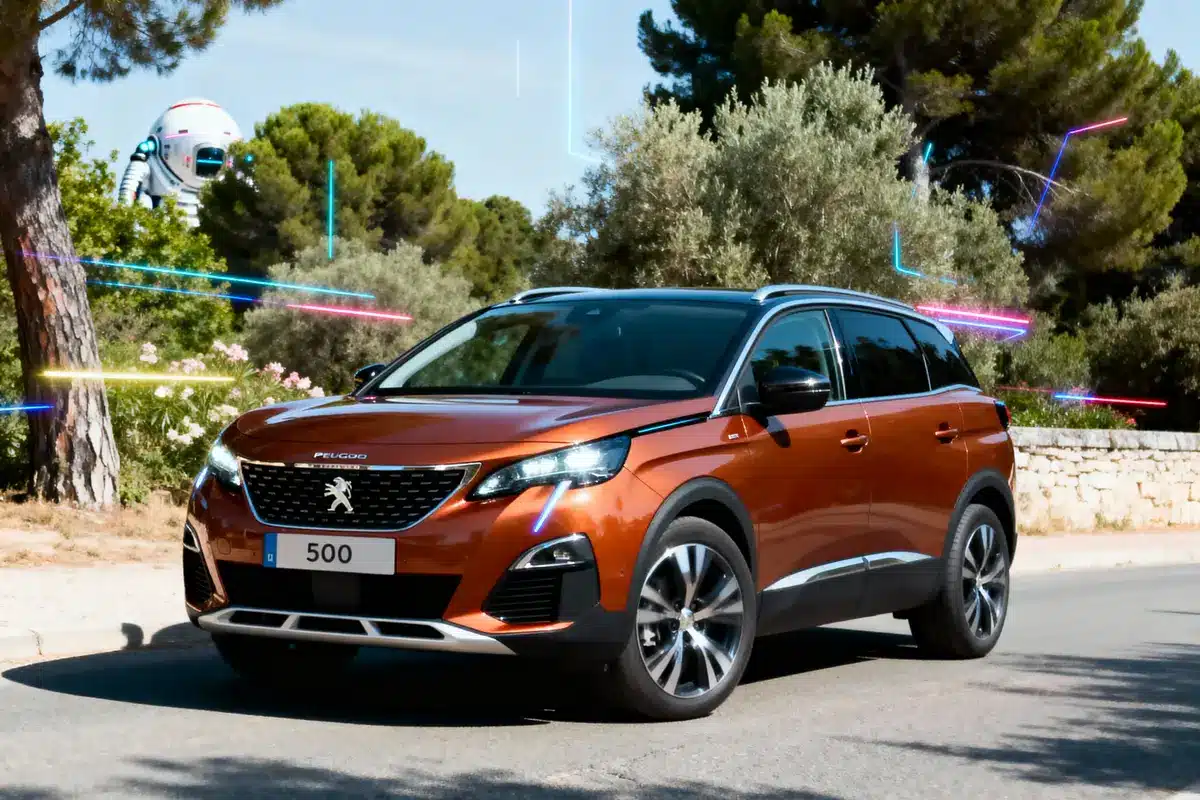 SUV Peugeot 5008 couleur cuivre sur route, forêt dense en arrière-plan, éléments lumineux colorés, robot visible.