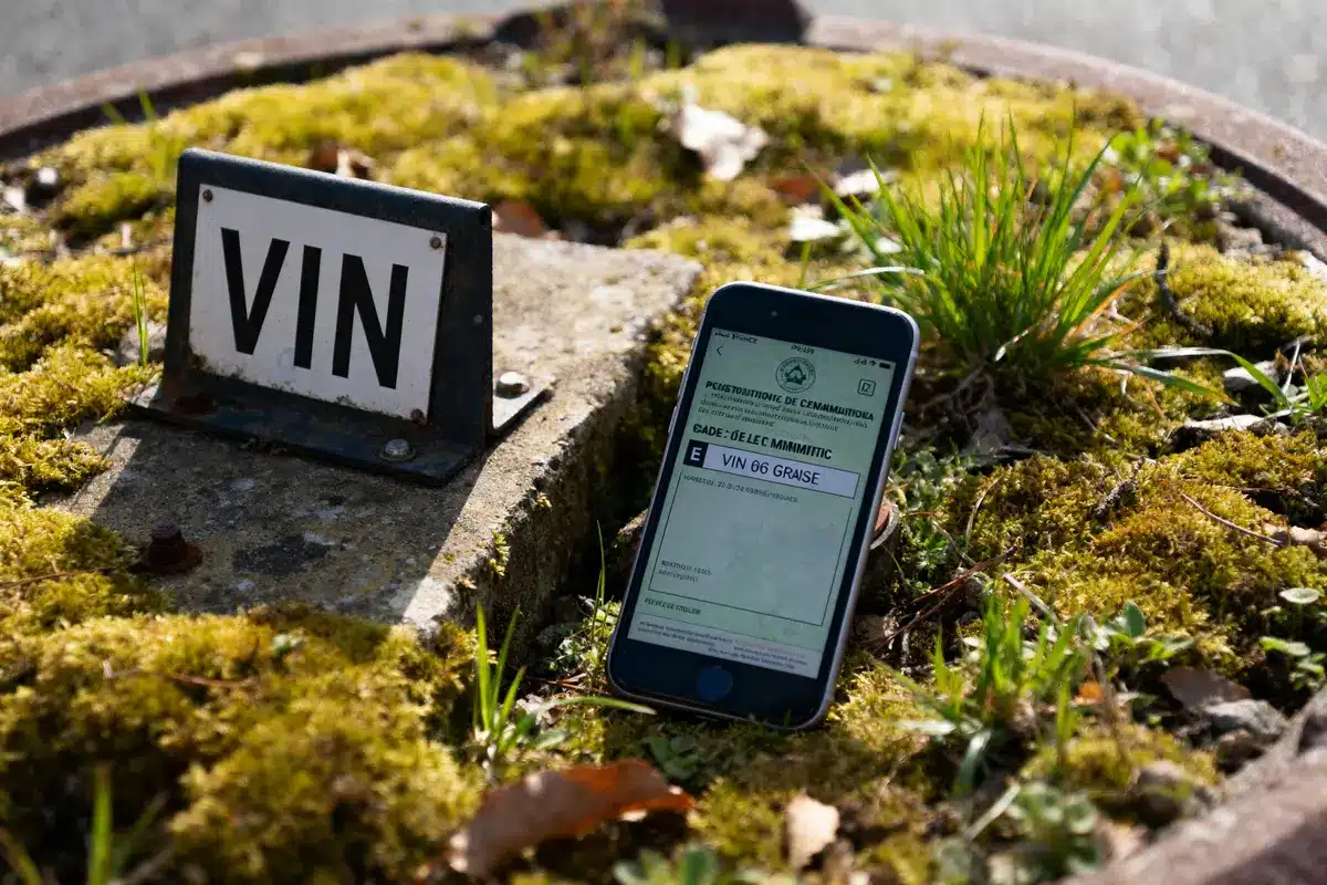 Plaque "VIN" sur sol moussu, smartphone avec texte visible à côté.