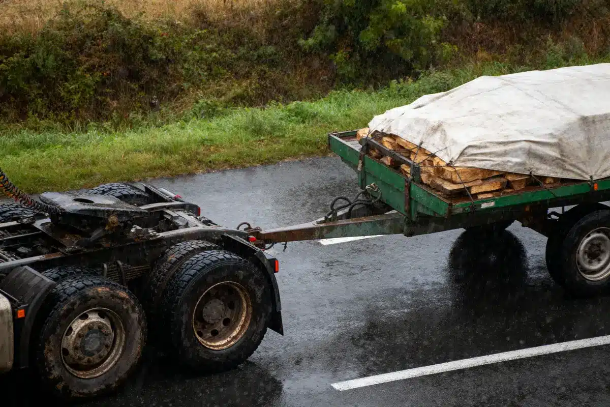 Camion transportant une remorque chargée de bois couvert de bâche sous la pluie sur route mouillée.