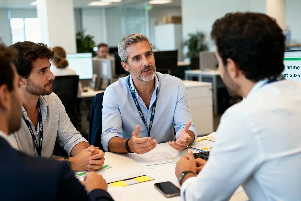 Quatre hommes discutent autour d'une table de réunion dans un bureau moderne et lumineux.