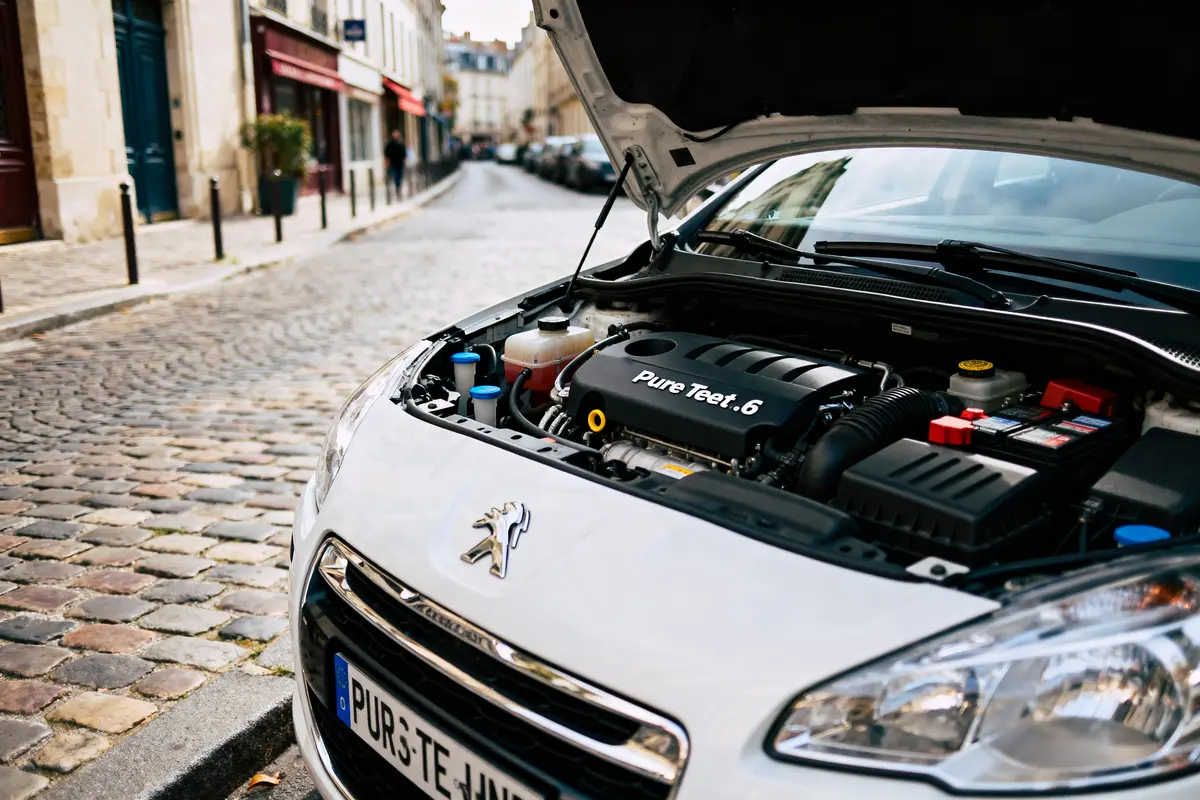 pexels-michal-pech-213601-757318 (1) Voiture Peugeot blanche à capot ouvert montrant le moteur, stationnée sur une rue pavée.