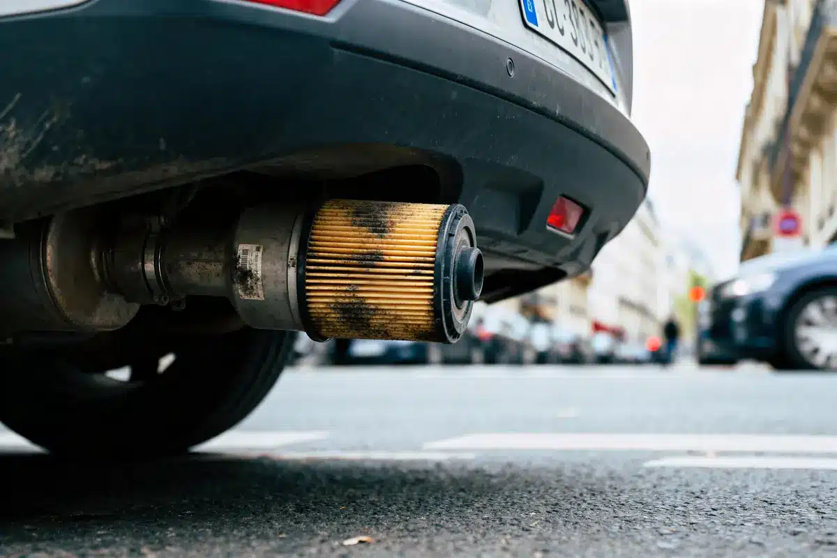 Pot d'échappement de voiture avec filtre à particules visibles, stationnée dans une rue urbaine.
