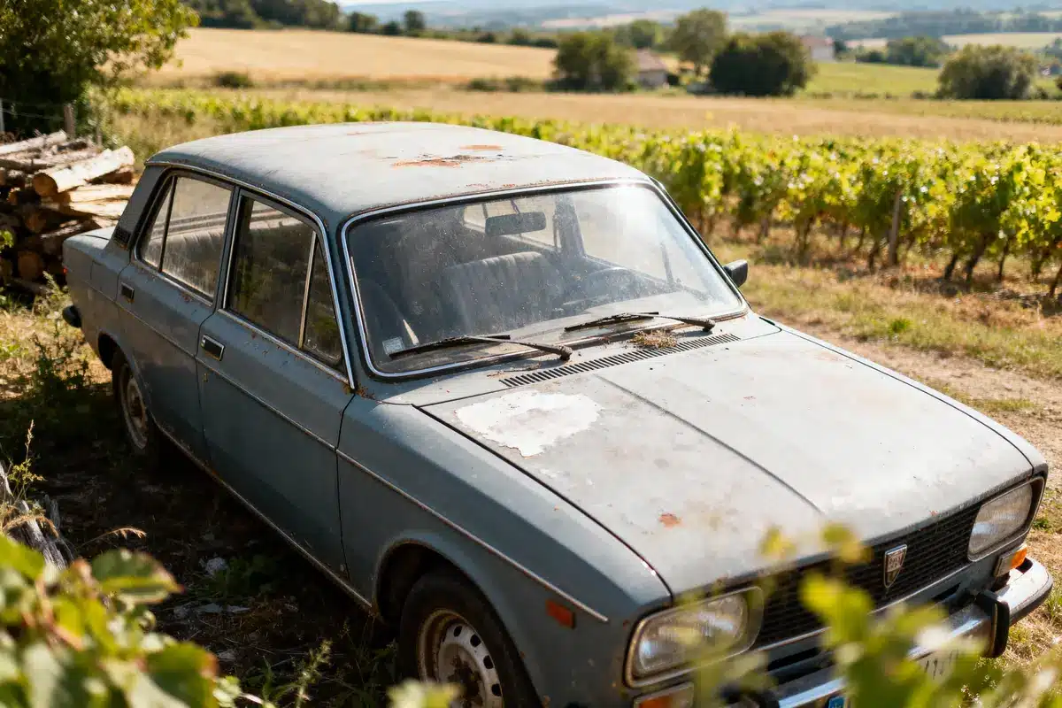 pexels-michal-pech-213601-757318 (1) Voiture ancienne bleue usée garée près d'un vignoble en campagne, avec des champs en arrière-plan.