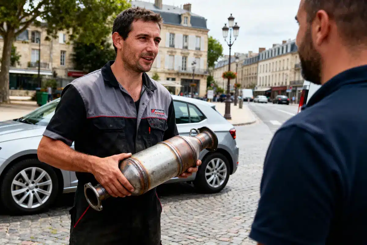 Deux hommes discutent, l'un tenant un filtre automobile dans une rue pavée, voitures et bâtiments en arrière-plan.
