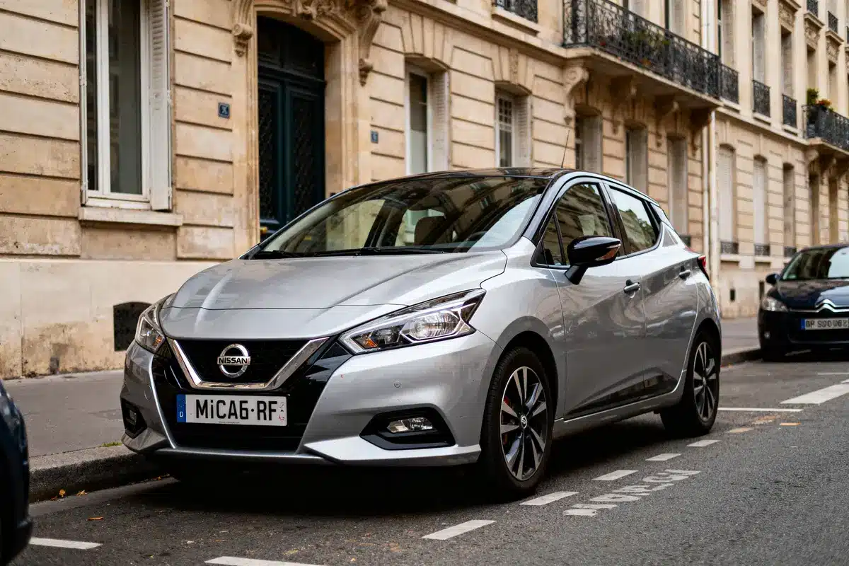 Voiture Nissan argentée garée sur une rue bordée de bâtiments anciens en pierre beige.