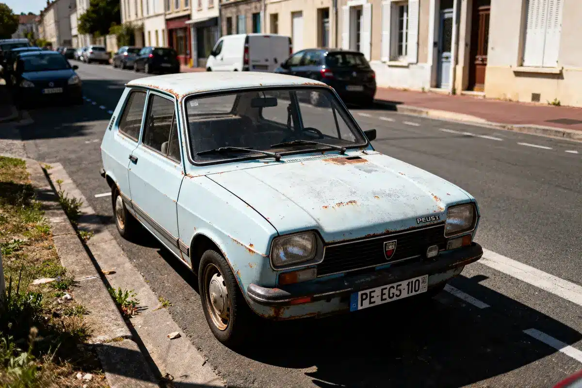 Vieille voiture bleu clair rouillée, garée en rue résidentielle, avec bâtiments en arrière-plan, ciel dégagé.