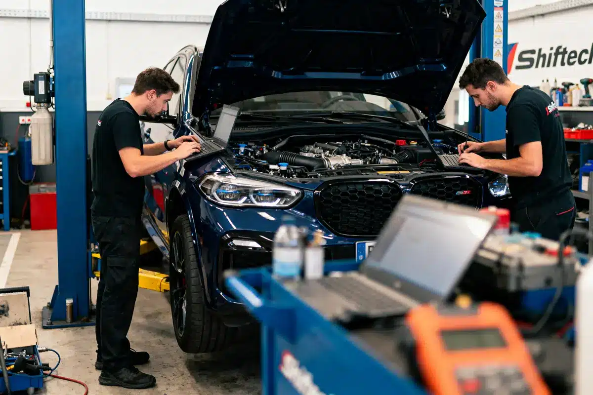 Deux techniciens travaillent sur une voiture en atelier, utilisant des ordinateurs portables, capot ouvert. Atmosphère professionnelle.
