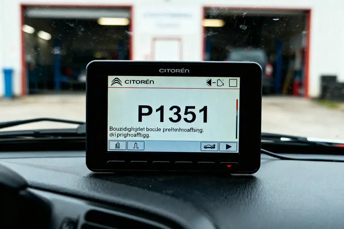 Écran de diagnostic automobile affichant le code P1351, dans une voiture, devant un atelier de mécanique.