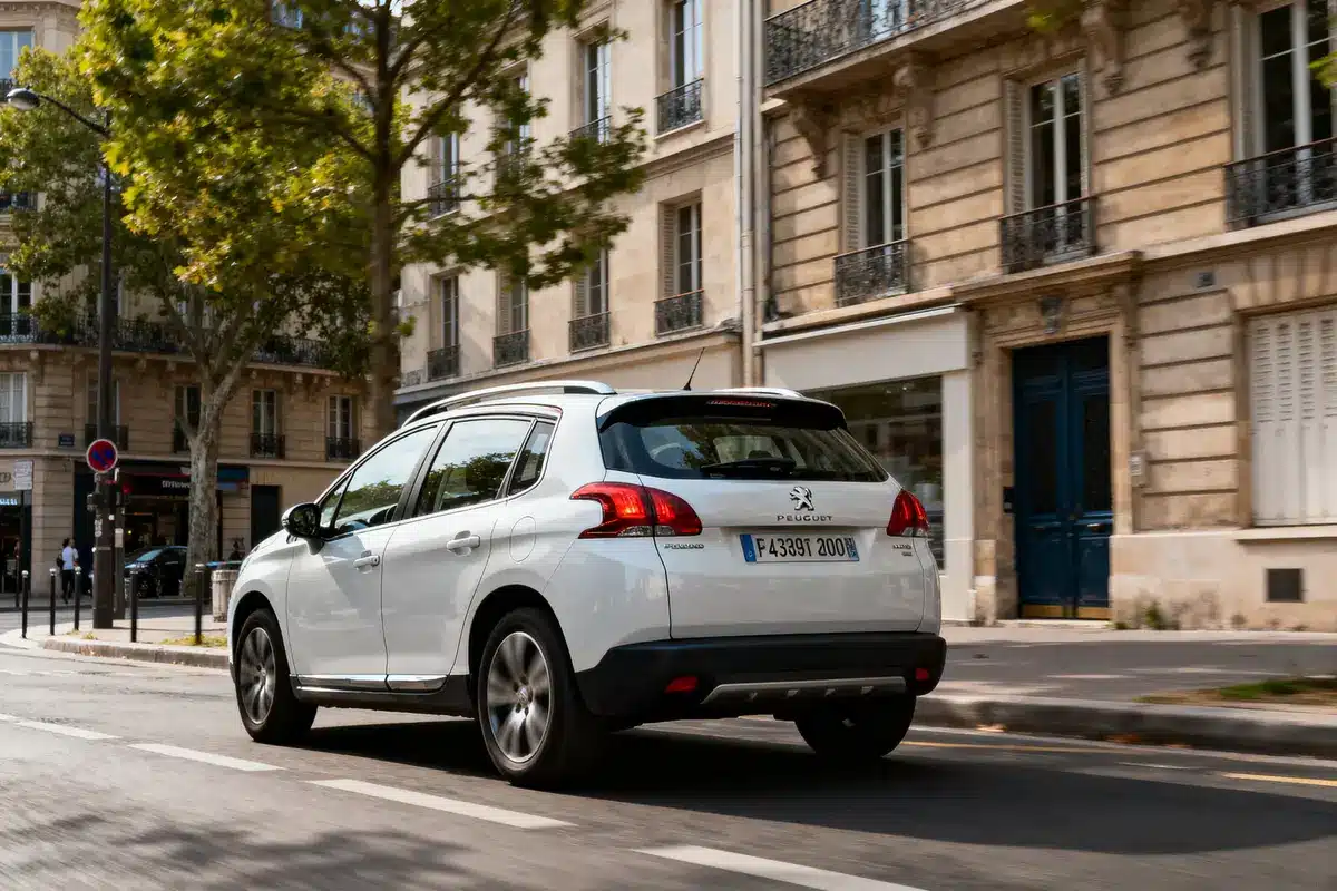 Voiture Peugeot blanche roulant en ville, bâtiments et arbres en arrière-plan, journée ensoleillée.