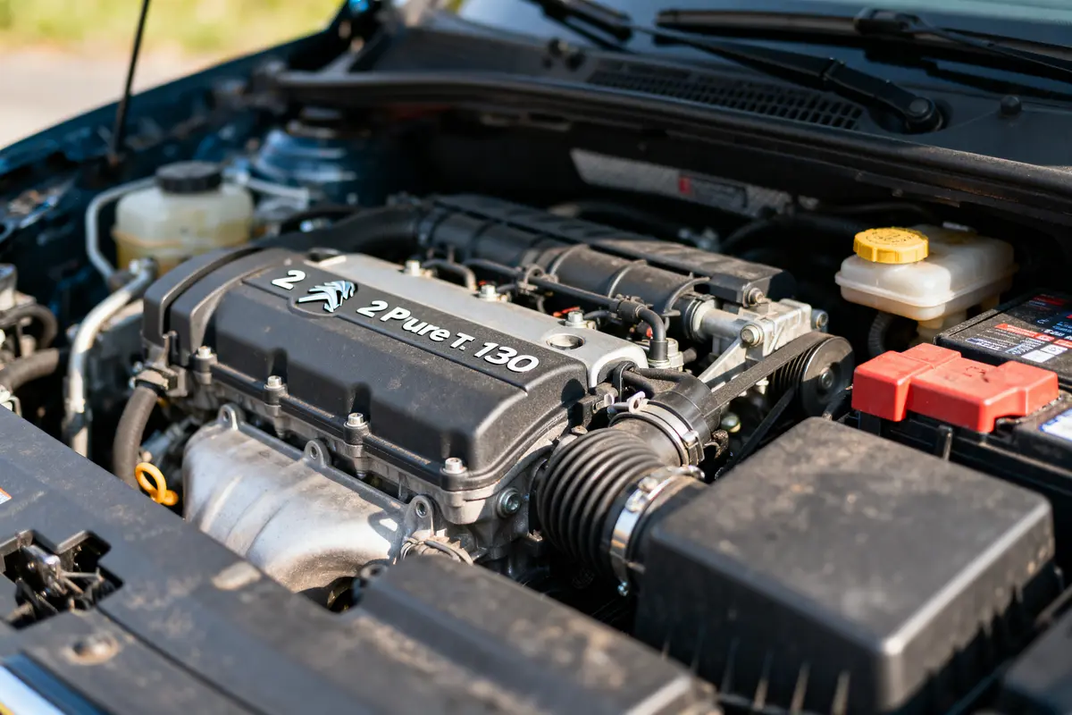 pexels-michal-pech-213601-757318 (1) Moteur de voiture sous capot ouvert, étiqueté "2 Pure T 130", avec pièces périphériques visibles.