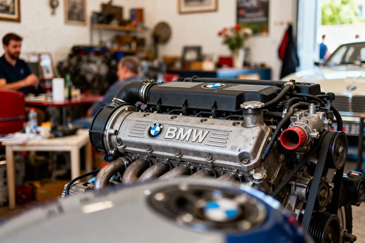 Moteur BMW en gros plan dans un atelier automobile, hommes travaillant en arrière-plan flou.