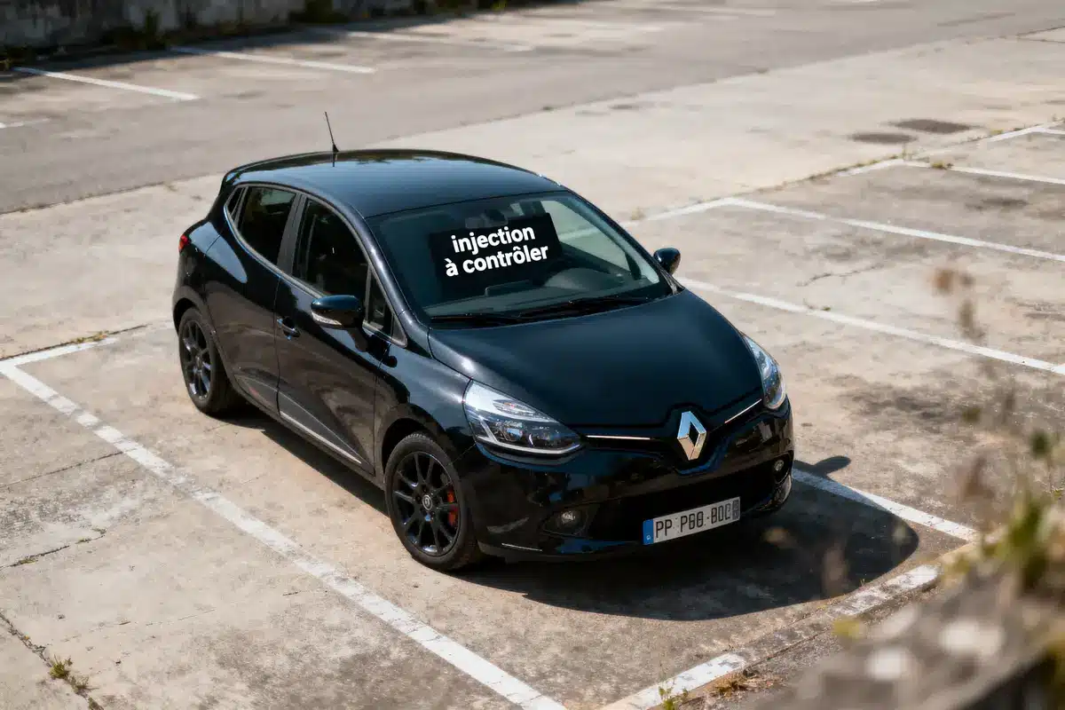 Voiture noire Renault garée, inscription "injection à contrôler" sur le pare-brise, dans un parking vide.