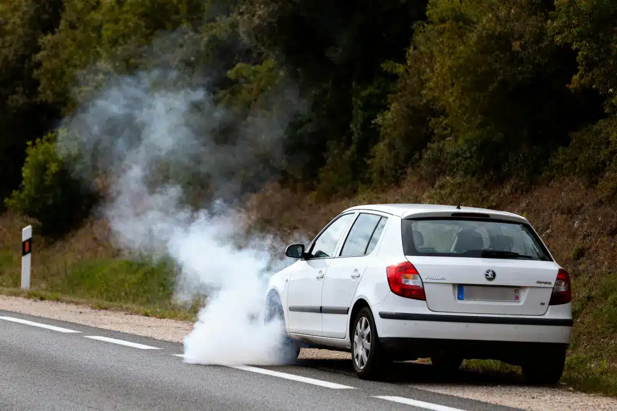 Voiture blanche fumant, arrêtée sur le bord d'une route, entourée de végétation et de fumée blanche.