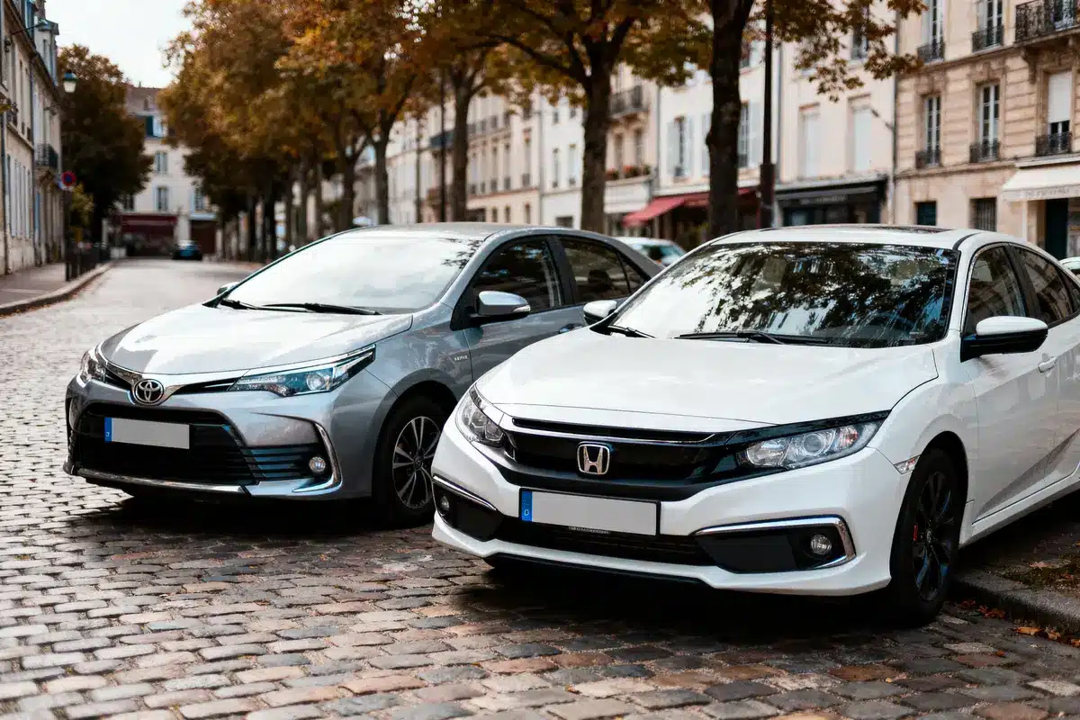 pexels-michal-pech-213601-757318 (1) Deux voitures, Toyota grise et Honda blanche, stationnées sur une rue pavée bordée d'arbres.