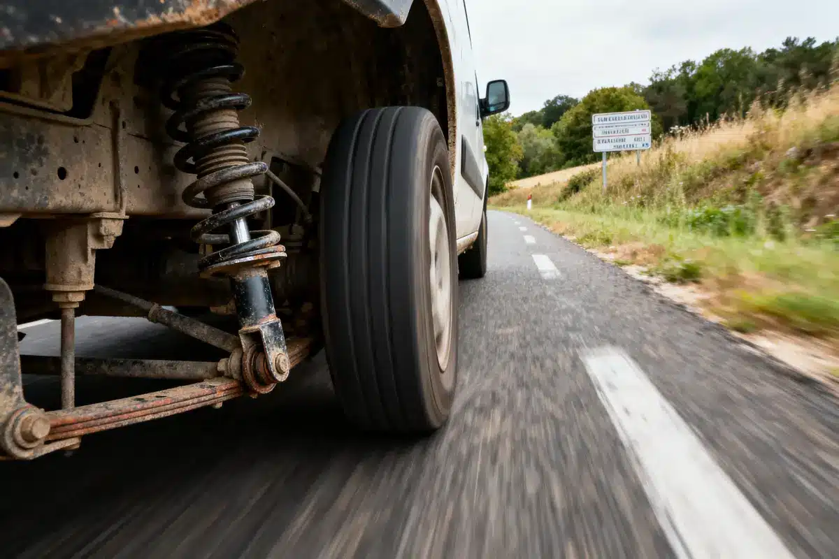 Vue en contre-plongée roue et suspension de véhicule roulant sur route de campagne, panneaux en arrière-plan.