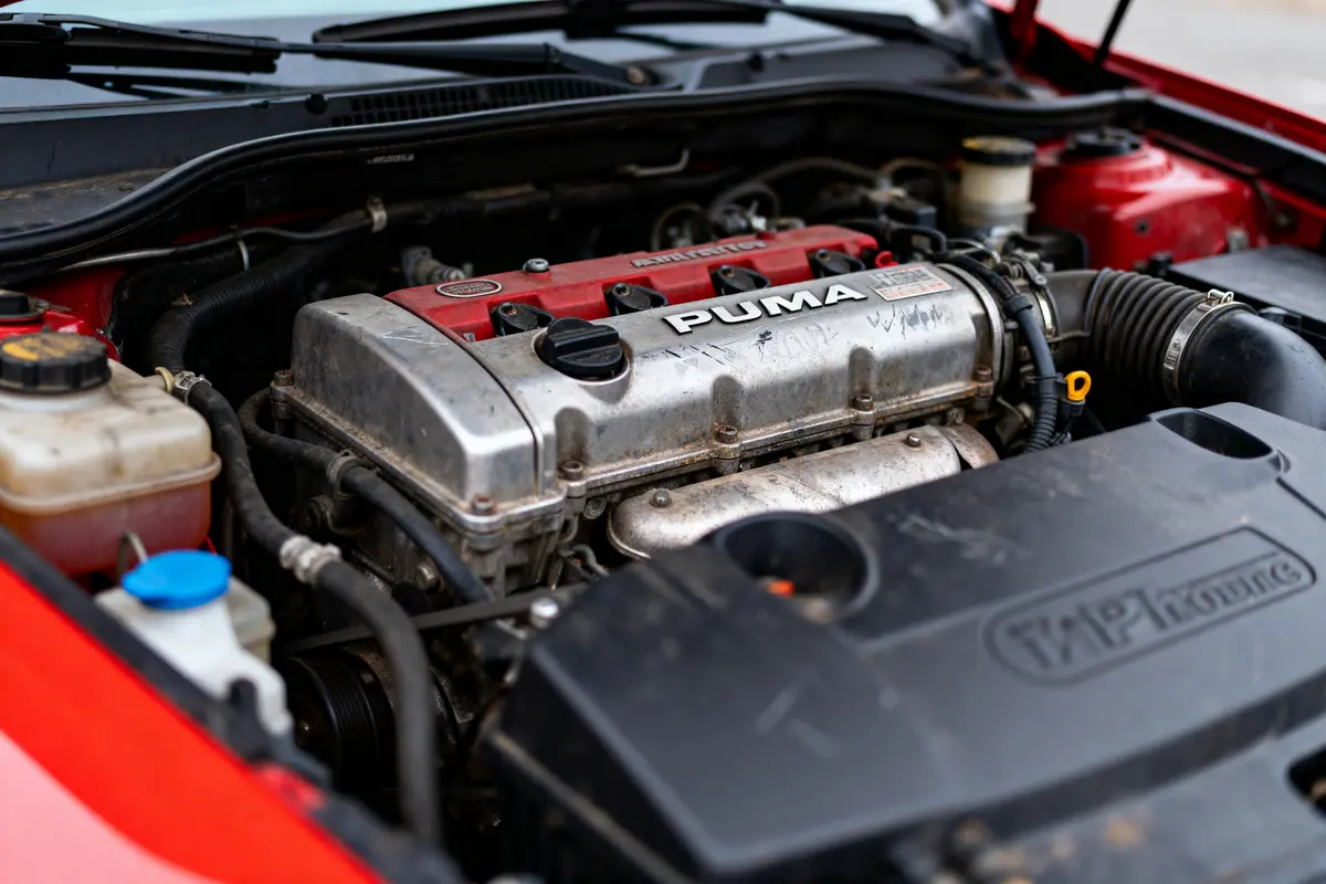 Moteur de voiture rouge avec cache marqué "Puma", à l'intérieur du capot, plusieurs composants visibles.