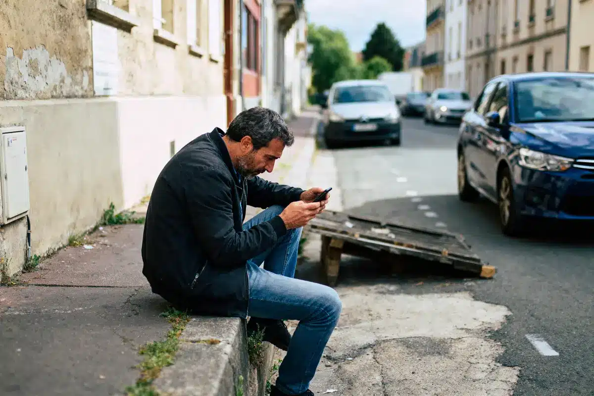 Homme assis sur un trottoir, utilisant un smartphone, dans une rue avec voitures et bâtiments anciens.