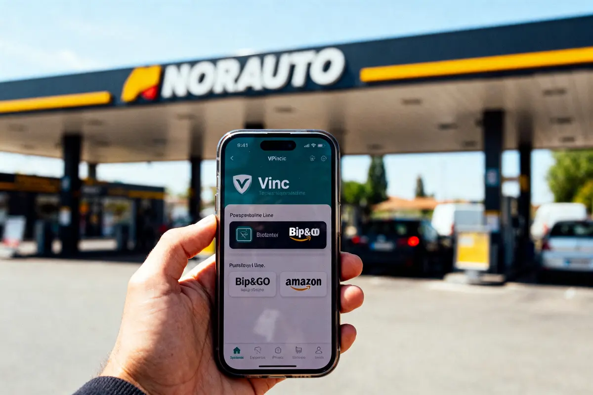 Personne tenant un smartphone devant une station-service Norauto, application ouverte affichant des services.