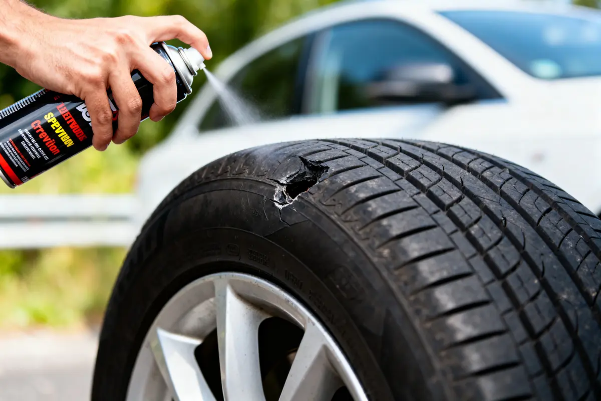 Main pulvérisant produit sur pneu endommagé d'une voiture blanche stationnée à l'extérieur.