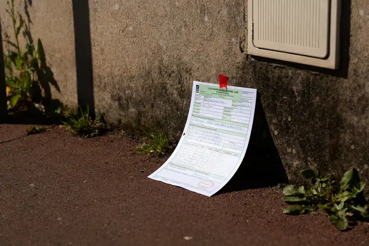 Formulaire blanc sur sol extérieur, appuyé contre mur, herbes à proximité, fixé par pince rouge en haut.