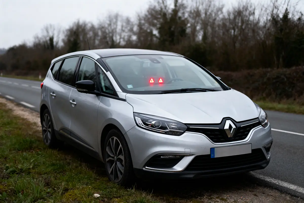 pexels-michal-pech-213601-757318 (1) Voiture Renault grise arrêtée sur le bord de la route, feux de détresse allumés. Environnement naturel en arrière-plan.