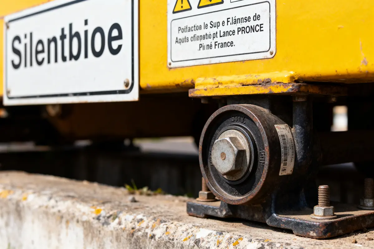 Gros plan sur une structure métallique avec boulons, étiquette "Silentbioe" et panneau d'avertissement en arrière-plan.