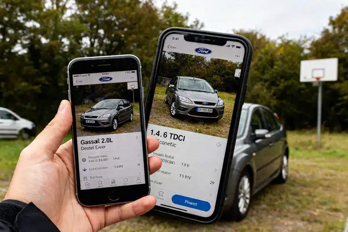 Deux téléphones affichent des détails de l'08 Ford Focus garée en arrière-plan