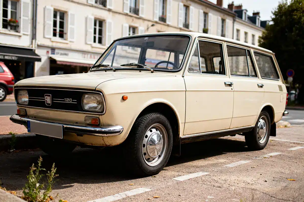 Vieille Fiat 128 Station Wagon beige garée dans une rue urbaine française