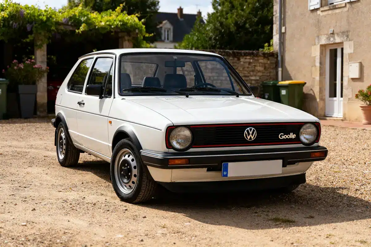 Voiture emblématique blanche Golf 1 1 1 garée devant une maison en pierre