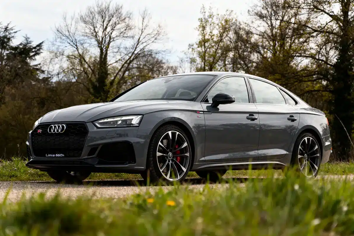 Voiture Audi Linea R grise stationnée sur une route devant des arbres sans feuilles