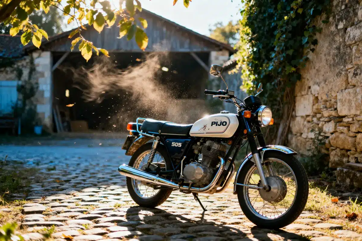 Moto vintage Pijo 505 stationnée sur pavés devant un hangar rustique baignée de soleil