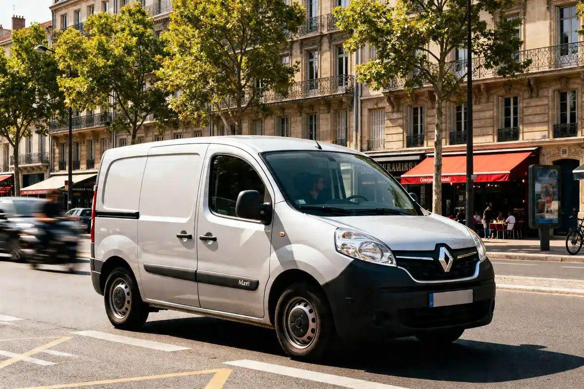Fourgon Renault Maxity blanc circulant en ville devant des cafés et arbres en arrière-plan