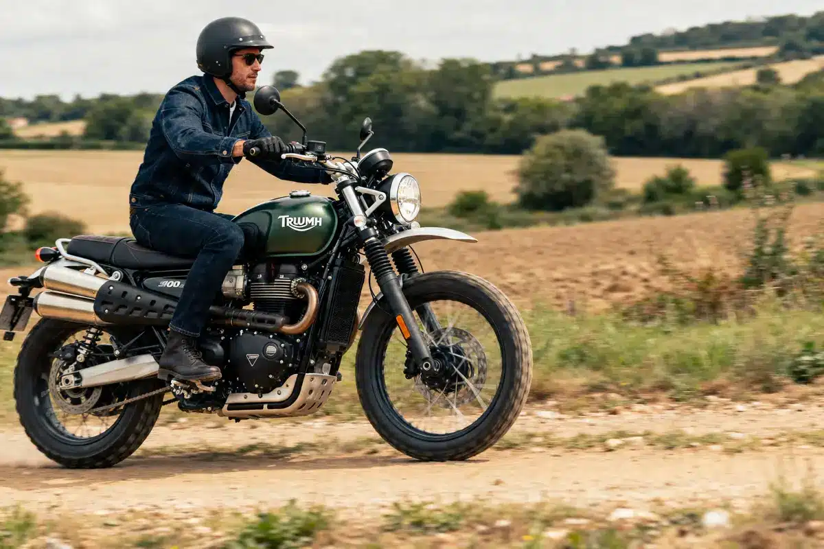 Motards chevauchant une Triumph Scrambler 900 sur chemin rural verdoyant en pleine nature