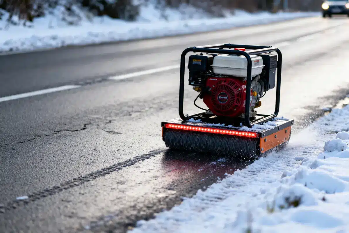 Petite machine dégageant la neige d'une route selon l'anti-slip regulation en hiver