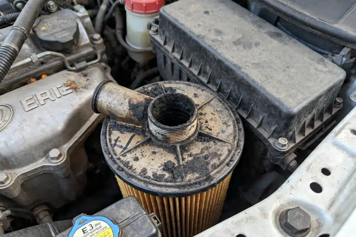 Filtre moteur encrassé dans le compartiment avec antipollution à contrôler pour meilleurs résultats moteur