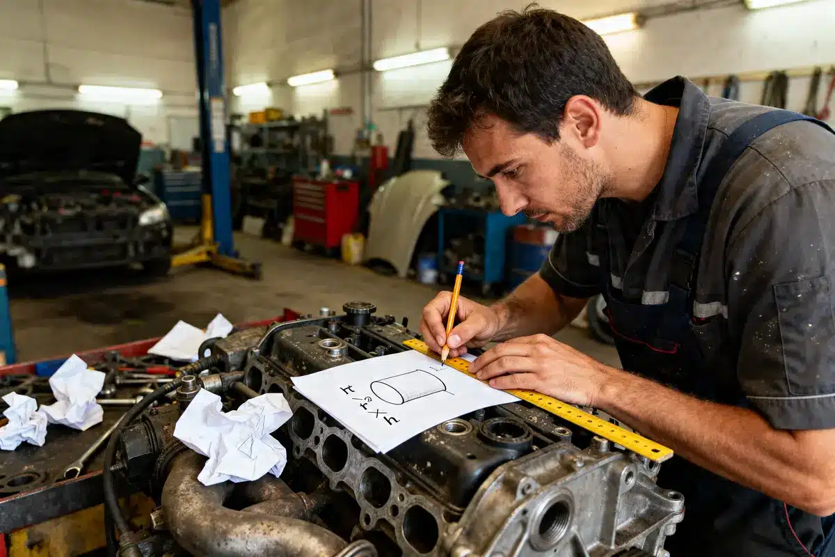 Mécanicien mesurant moteur pour calculer cylindrée dans un atelier automobile en activité