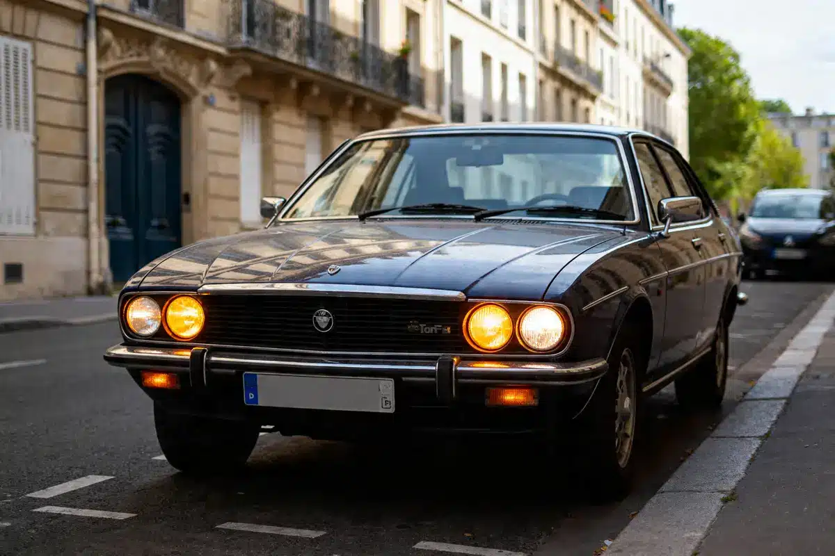 Voiture ancienne sur rue parisienne avec feux diurnes allumés en pleine journée