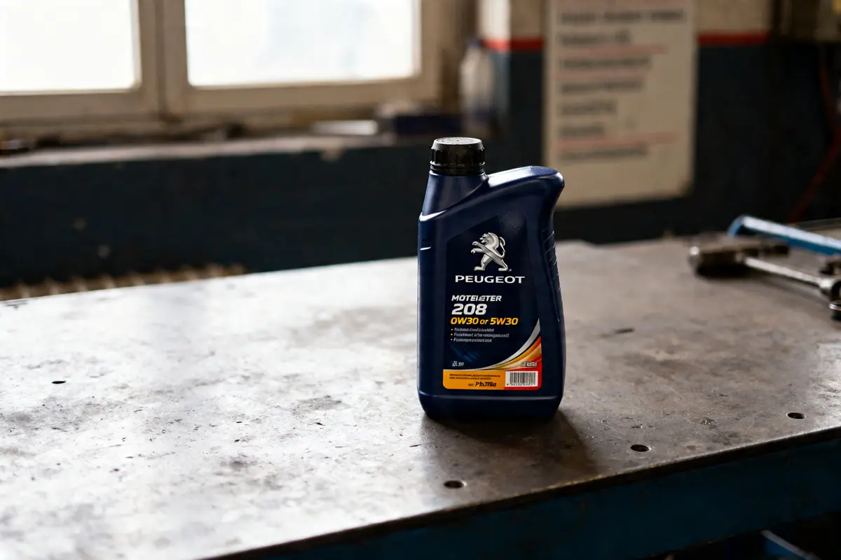 Bouteille d'huile moteur adaptée à une Peugeot 208 posée sur un établi de garage