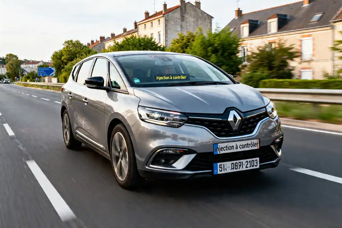 Voiture Renault Scénic gris roulant sur route avec avertissement injection à contrôler affiché.