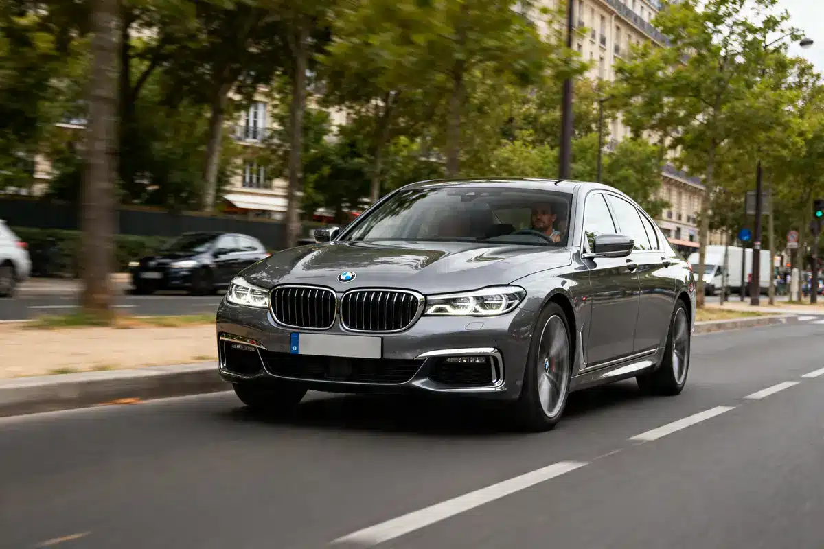 Voiture grise marque de voiture M en ville entourée d'arbres et bâtiments urbains